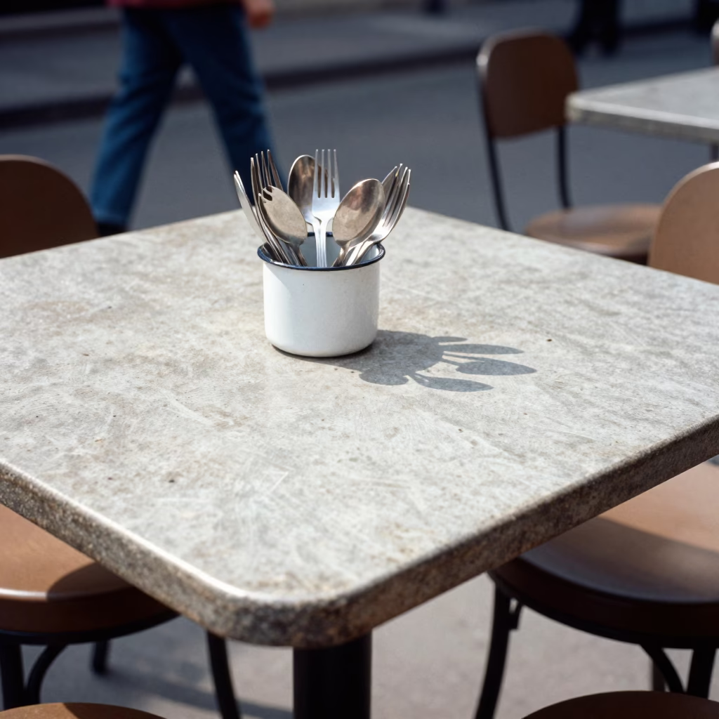 Vintage 1970s Milan Street Cafe Table with Utensil Crocks and Condensation Under Noon Sun in in Milan, Italy