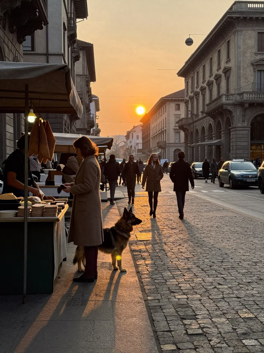 Vintage 1970s Milan Street Scene with Bohemian Shepherd and Woven Baskets at Sunset in in Milan, Italy