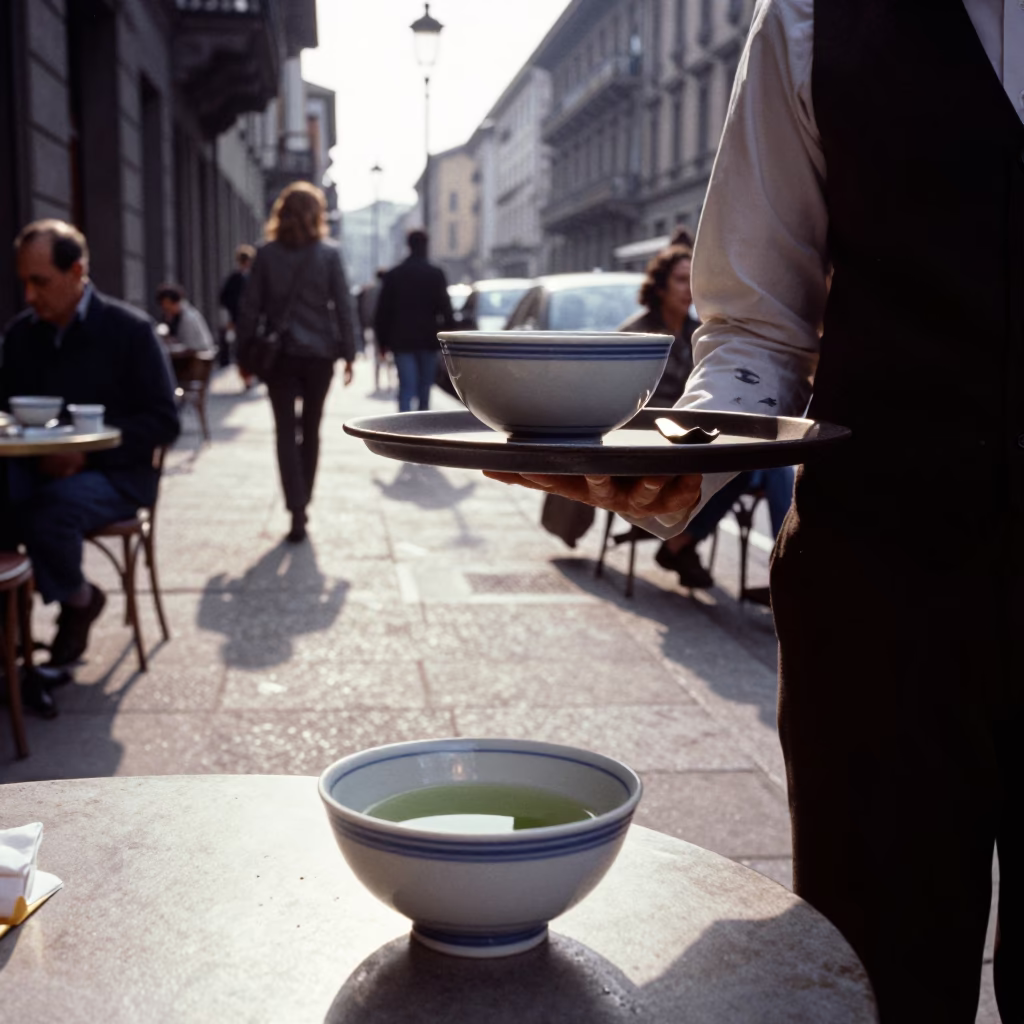 Vintage 1970s Milan Street Scene with Ceramic Bowl and Kettle in Late Afternoon Light in in Milan, Italy