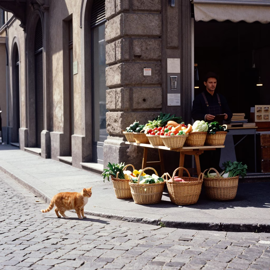 Vintage 1970s Milan Street Scene with Ginger Cat and Local Market Goods in in Milan, Italy