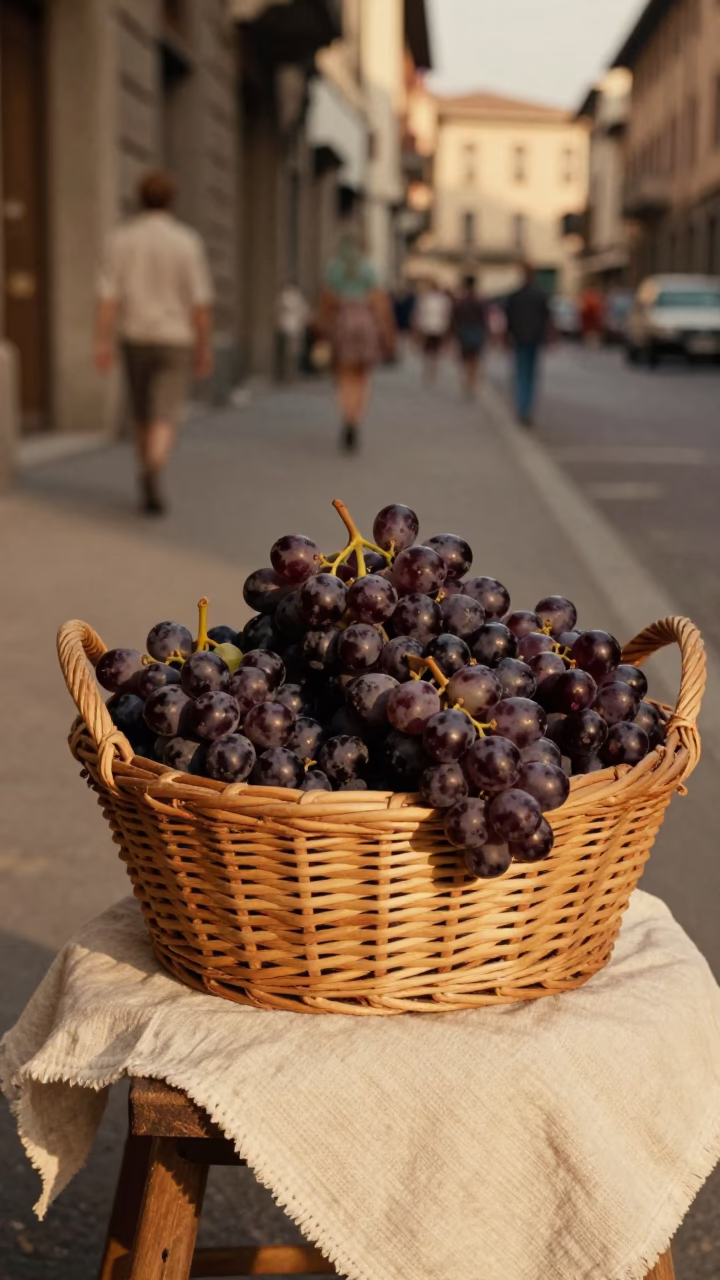 Vintage 1970s Milan street scene with grapes and linen textures in honeyed evening light in in Milan, Italy