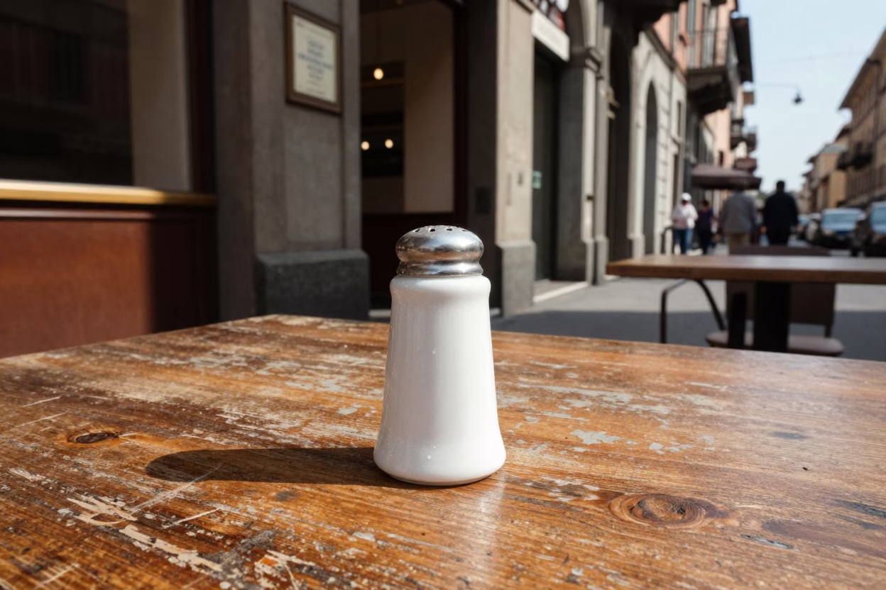 Vintage 1970s Milan Street Scene with Salt Shaker on Cafe Table in in Milan, Italy