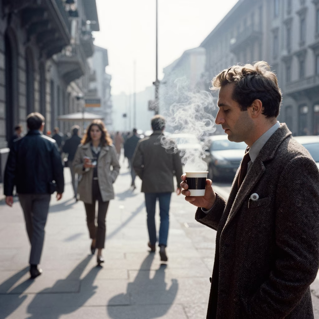 Vintage 1970s Milan Street Scene with Steam Haze and Urban Architecture in in Milan, Italy