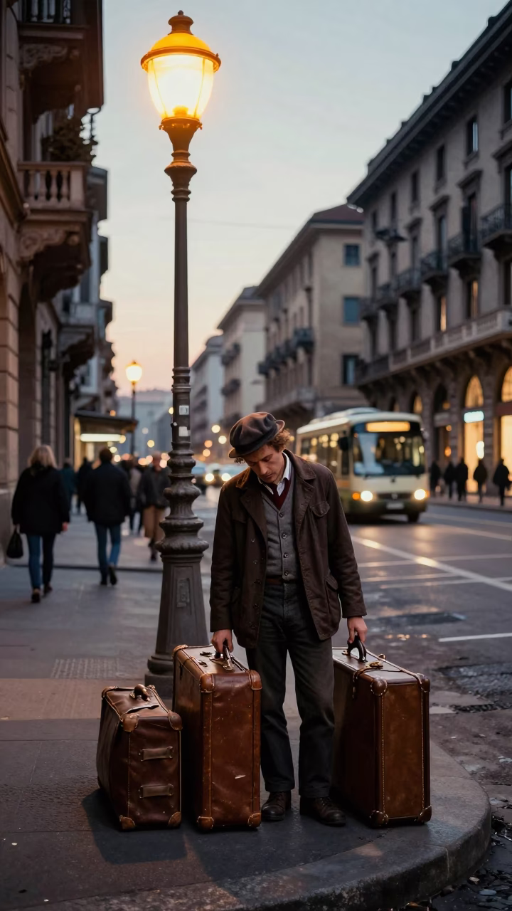 Vintage 1970s Milan Street Scene with Suitcases Near Metro Station Before Dawn in in Milan, Italy