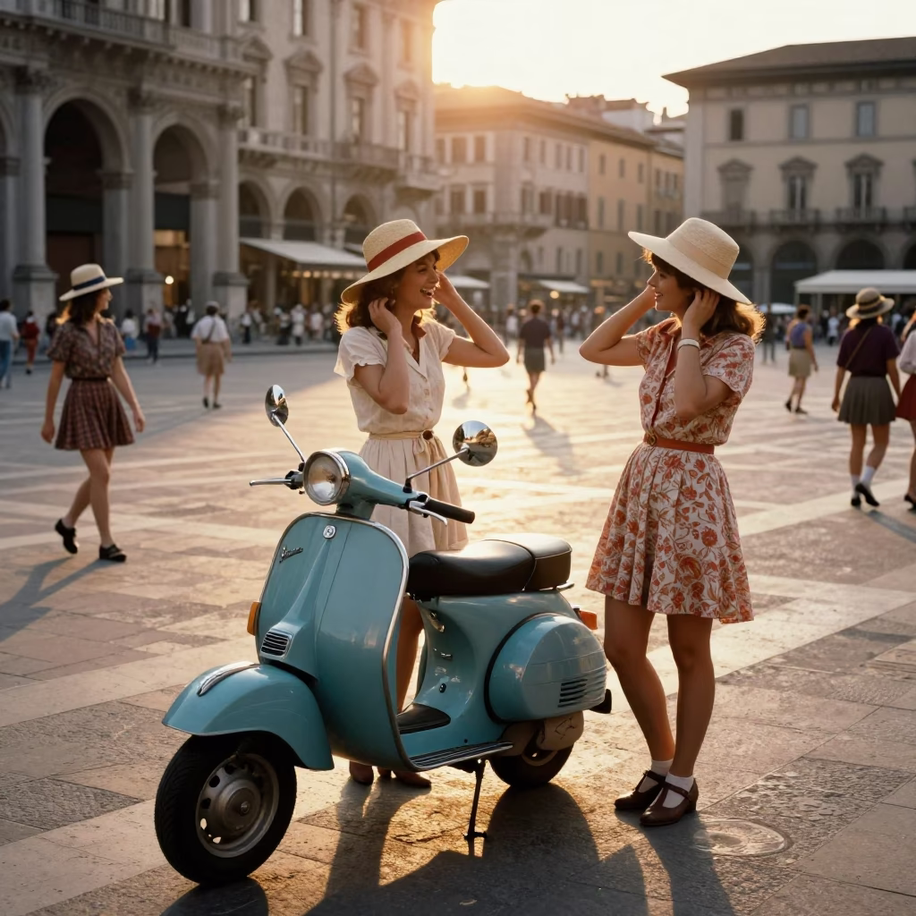 Vintage 1970s Milan Street Scene with Sun Hats and Motorcycles at Sunset in in Milan, Italy