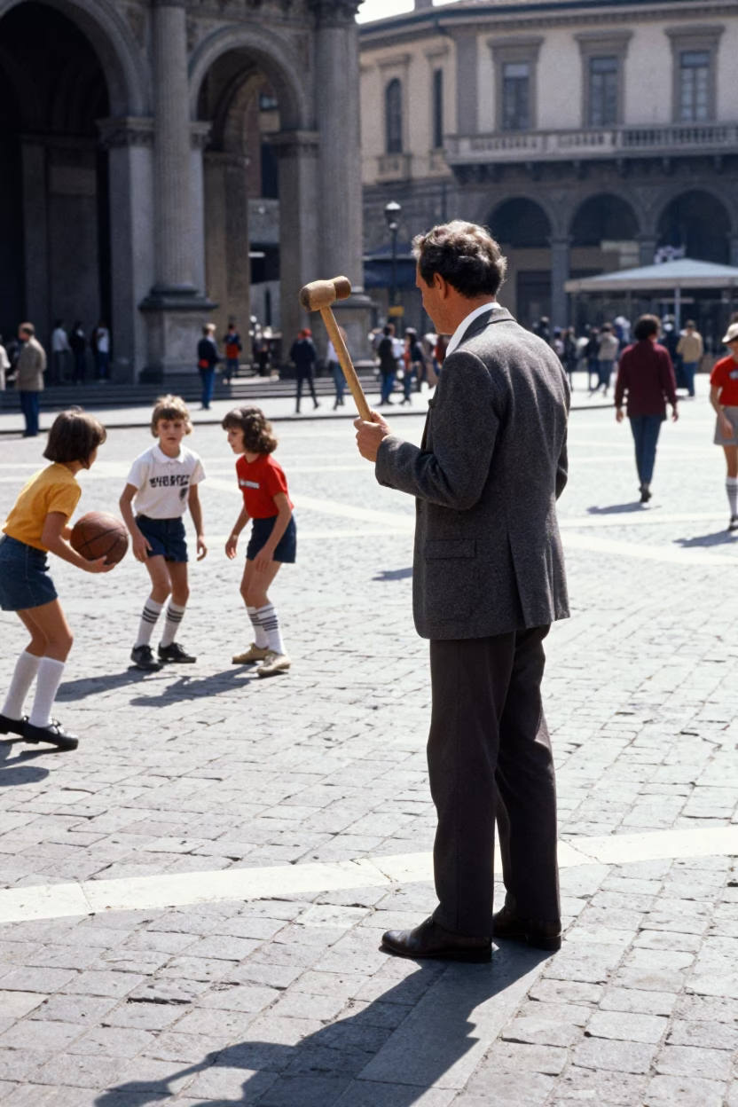 Vintage 1970s Milan Street Scene with Wooden Mallet and Leather Basketball in in Milan, Italy