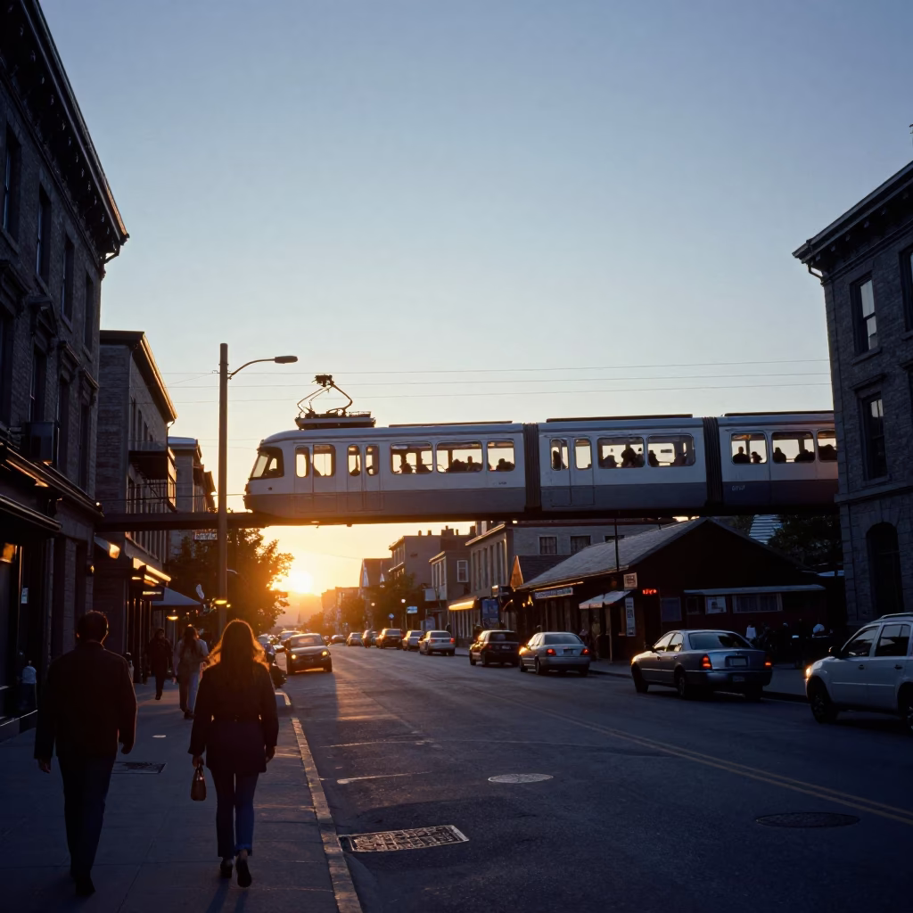 Vintage 1970s Montreal Street Scene at Sunset with Monorail and Snow Slush in in Montreal, Quebec, Canada