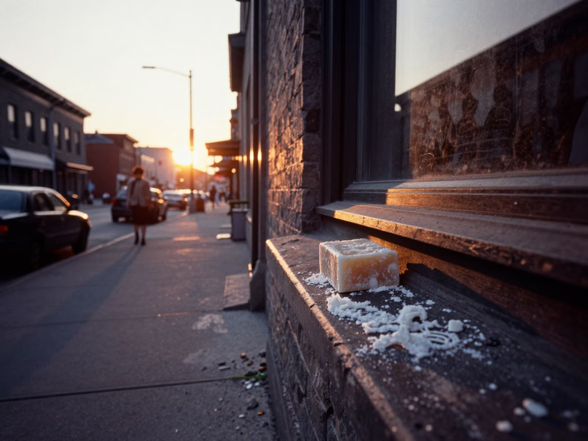 Vintage 1970s Montreal Street Scene at Sunset with Soap Residue on Window Ledge in in Montreal, Quebec, Canada