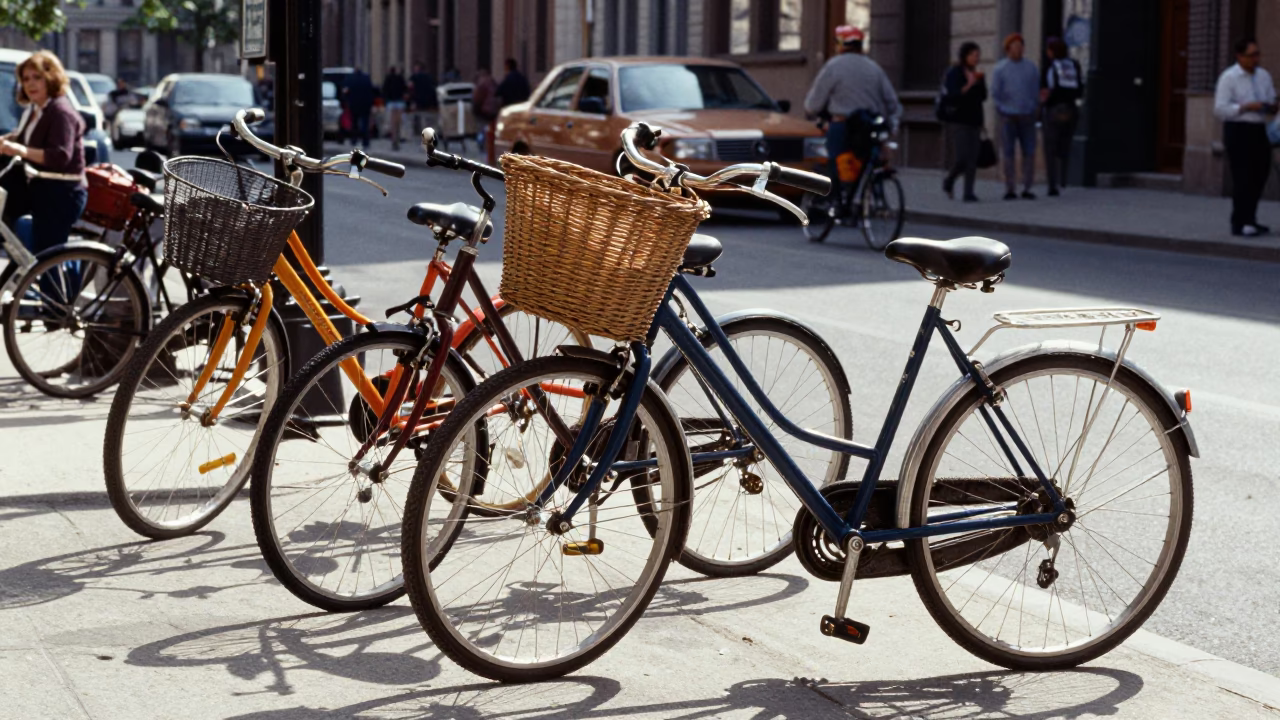 Vintage 1970s Montreal Street Scene with Colorful Bicycles and Brick Architecture in in Montreal, Quebec, Canada