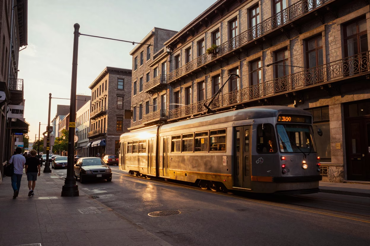 Vintage 1970s Montreal Sunset Street Scene with Tram and Art Nouveau Architecture in in Montreal, Quebec, Canada