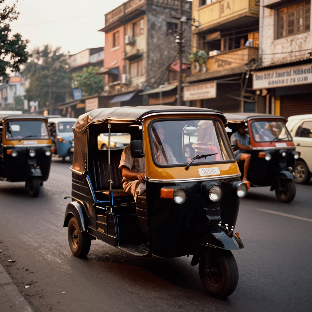 Vintage 1970s Mumbai Street Scene Auto Rickshaw Weaving Through Traffic in Honeyed Evening Light in in Mumbai, India