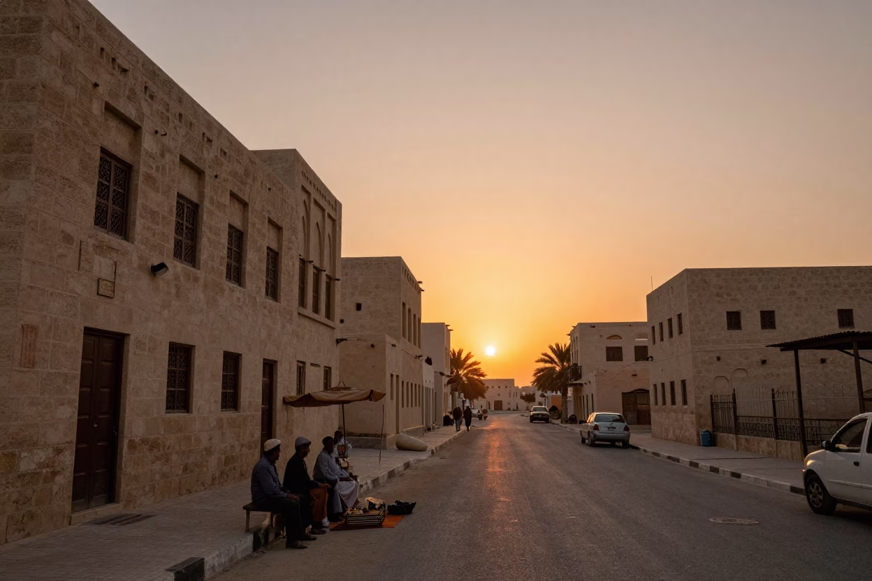 Vintage 1970s Muscat Oman Sunset Street Scene with Local Vendor and Traditional Decor in in Muscat, Oman