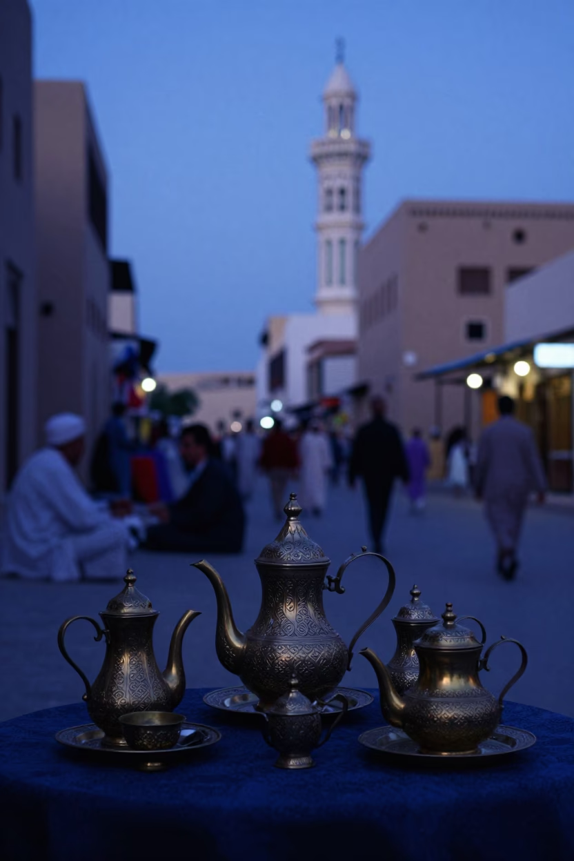 Vintage 1970s Muscat Street Scene Blue Hour Tea Service with Brass Accents in in Muscat, Oman