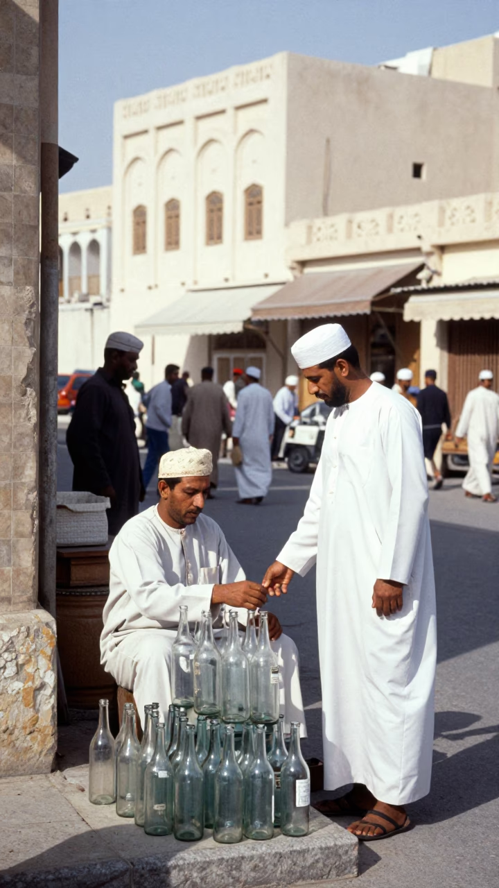 Vintage 1970s Muscat Street Scene with Local Vendor and Glass Bottles in in Muscat, Oman