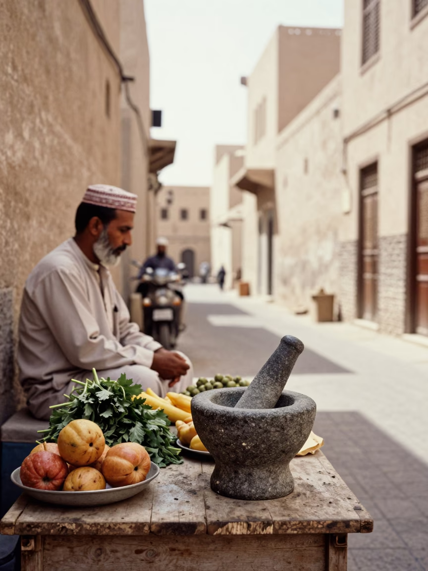 Vintage 1970s Muscat Street Scene with Mortar Pestle and Wicker Basket in in Muscat, Oman