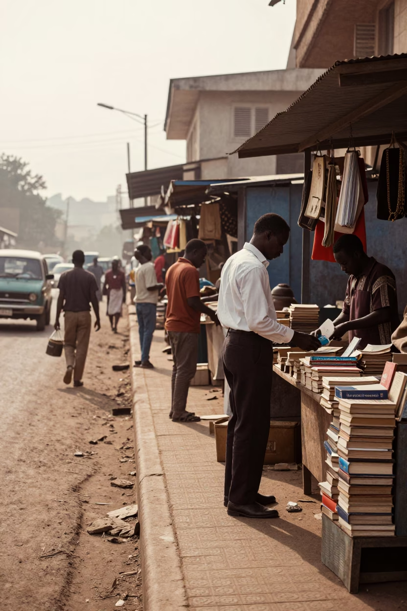 Vintage 1970s Nairobi Street Scene with Books and Local Market Activity in in Nairobi, Kenya