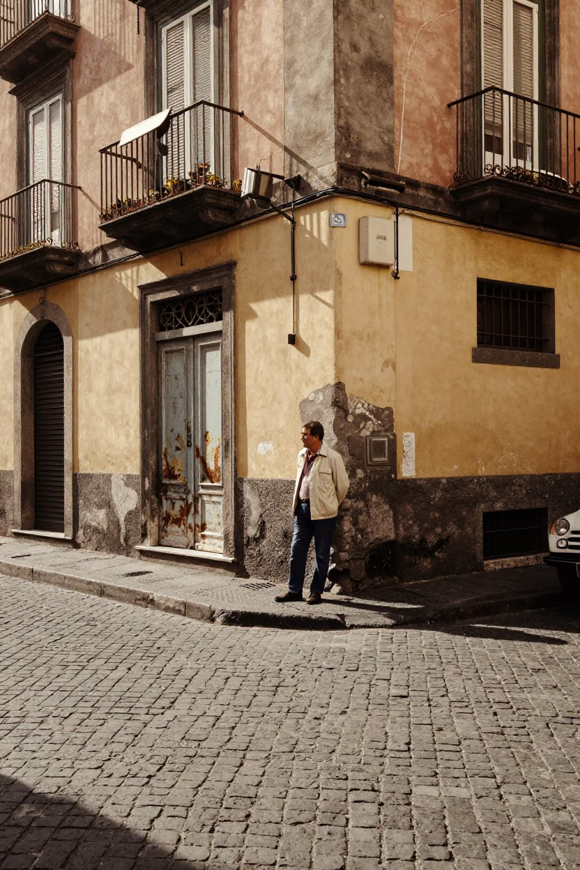 Vintage 1970s Naples Italy Street Scene with Cobblestones and Local Life in in Naples, Italy