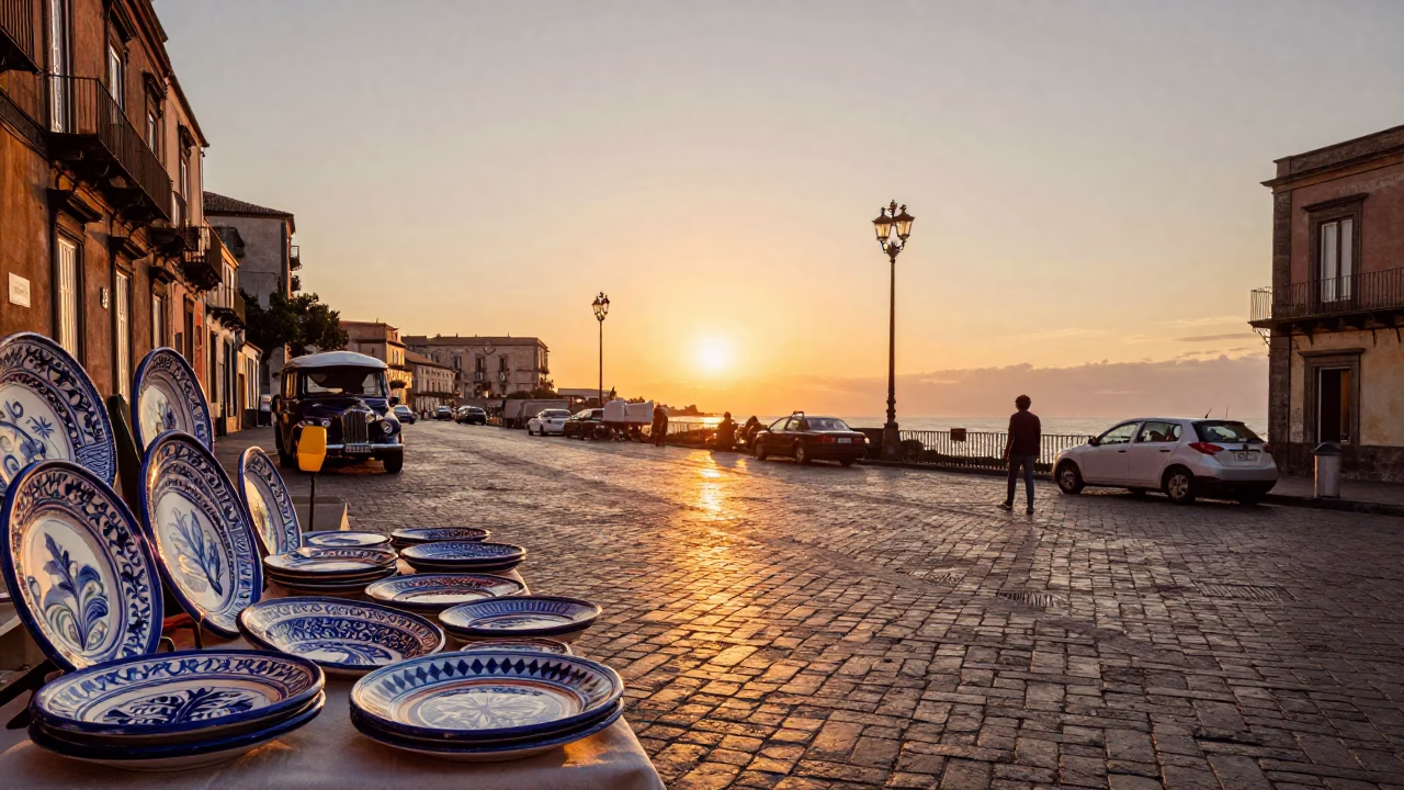 Vintage 1970s Naples Italy Sunset Street Scene with Majolica Plates and Local Market Activity in in Naples, Italy