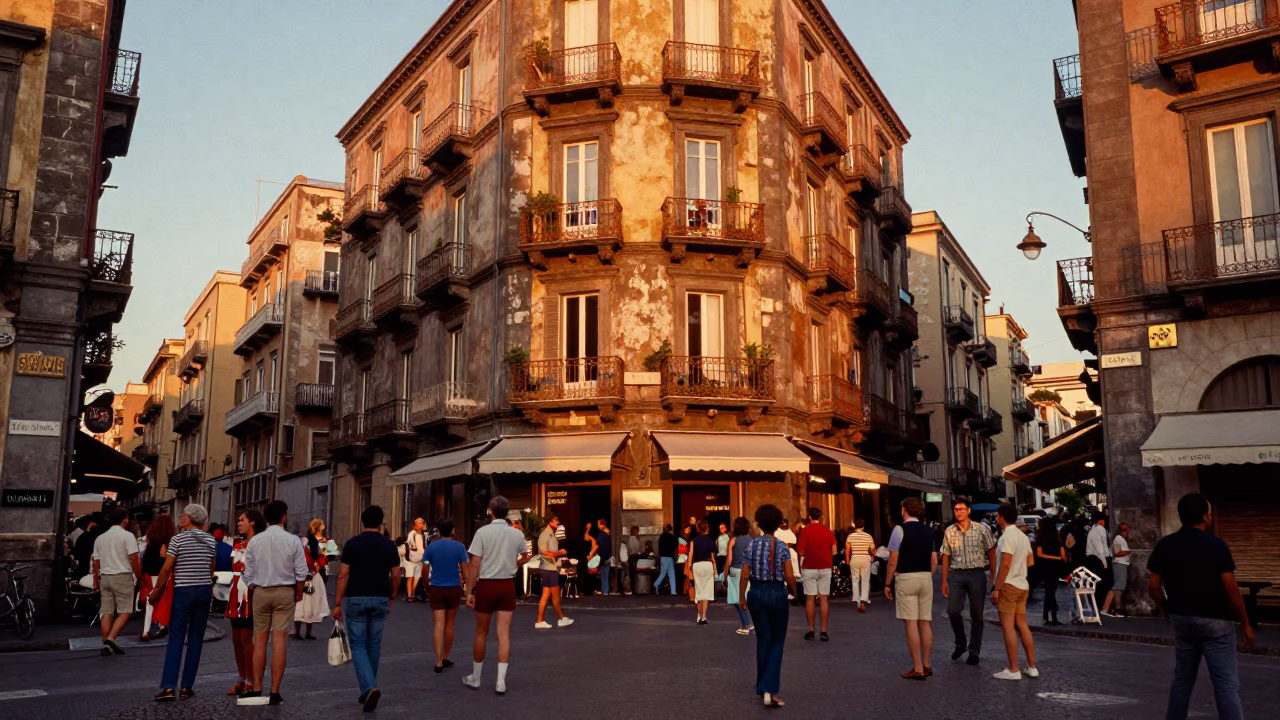 Vintage 1970s Naples Street Scene Sunset Busy Crowd Local Life in in Naples, Italy