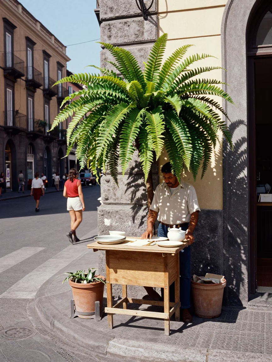 Vintage 1970s Naples Street Scene with Staghorn Fern and Local Vendor in in Naples, Italy