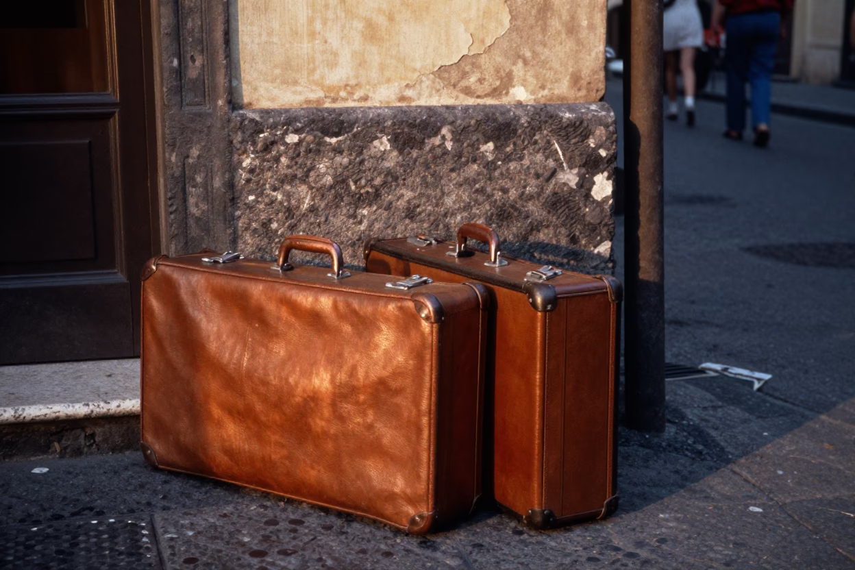 Vintage 1970s Naples Street Scene with Suitcases in Copper Dusk Light in in Naples, Italy