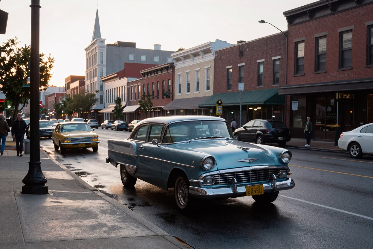 Vintage 1970s Nashville Dawn Street Scene with Classic Cars and Local Commerce in in Nashville, Tennessee, United States