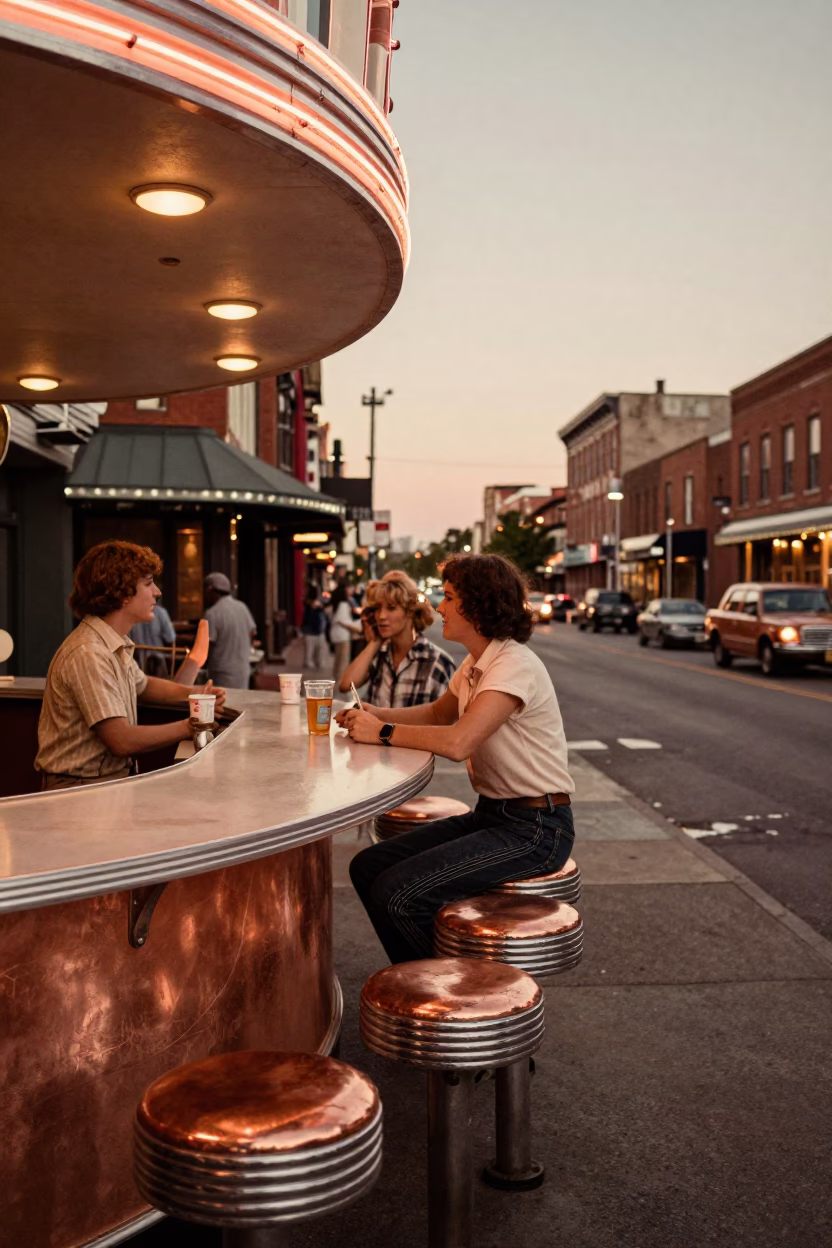 Vintage 1970s Nashville Street Scene Copper Light Before Dusk with Local Interaction in in Nashville, Tennessee, United States