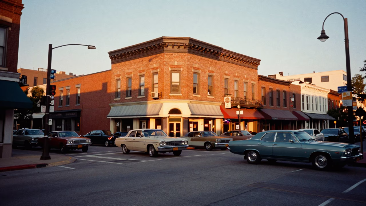 Vintage 1970s Nashville Street Scene with Classic Cars and Sunset Light in in Nashville, Tennessee, United States