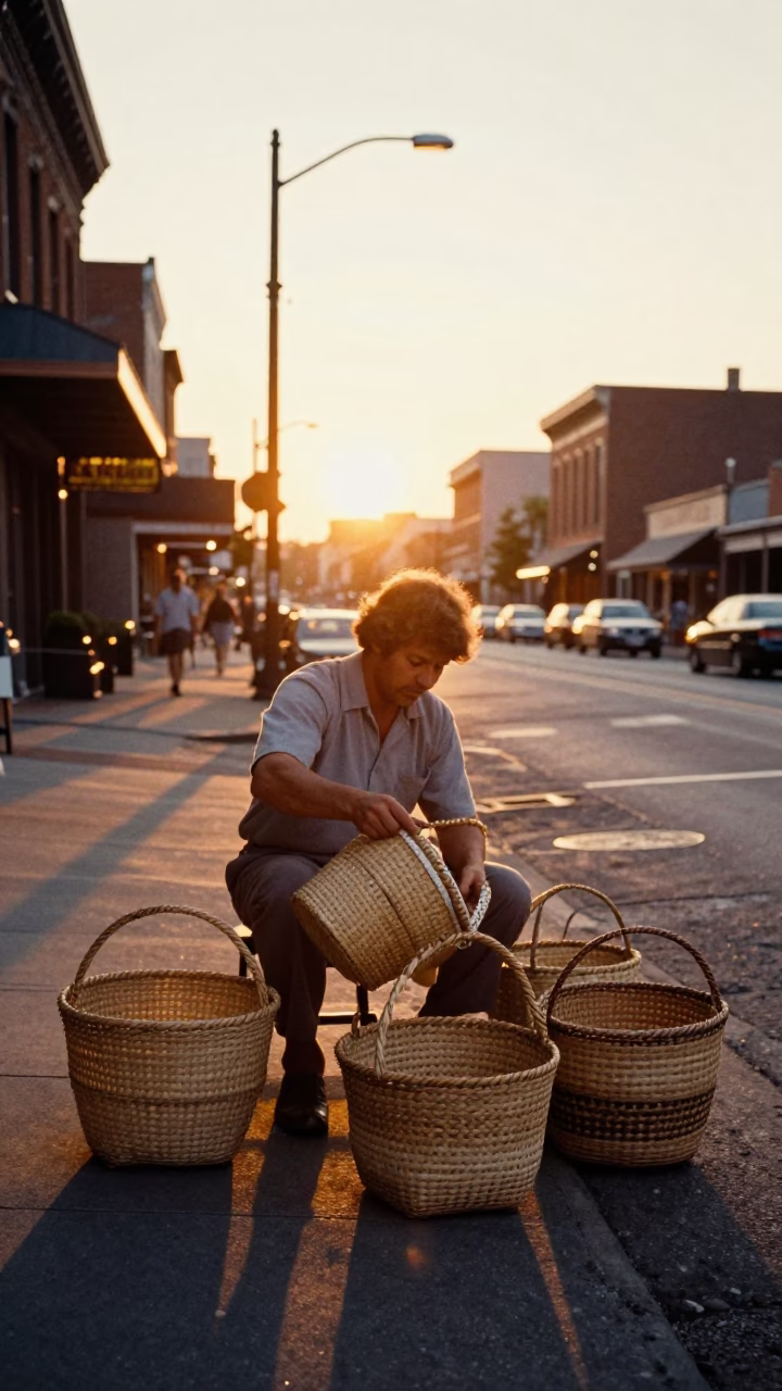 Vintage 1970s Nashville Street Scene with Woven Baskets at Sunset in in Nashville, Tennessee, United States