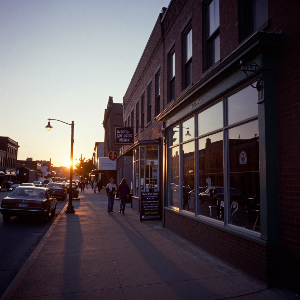 Vintage 1970s Nashville Tennessee Evening Street Scene with Local Shop Display and Sunset Light in in Nashville, Tennessee, United States