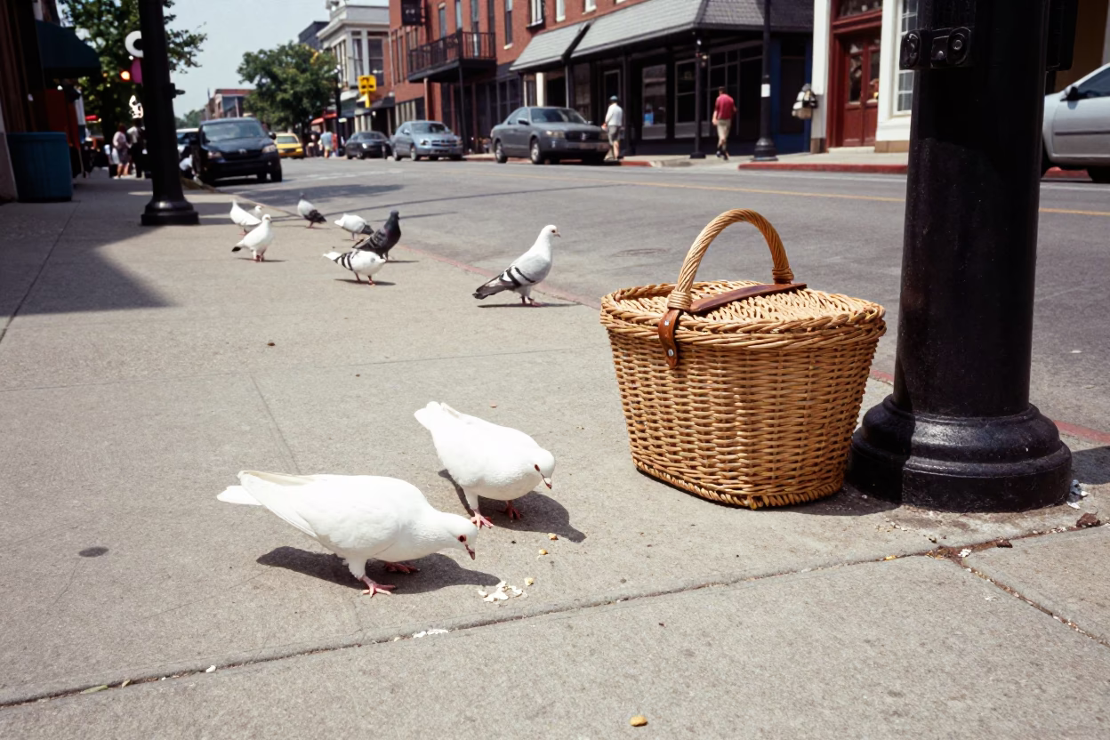 Vintage 1970s Nashville Tennessee Midday Street Scene with Pigeons and Wicker Hamper in in Nashville, Tennessee, United States