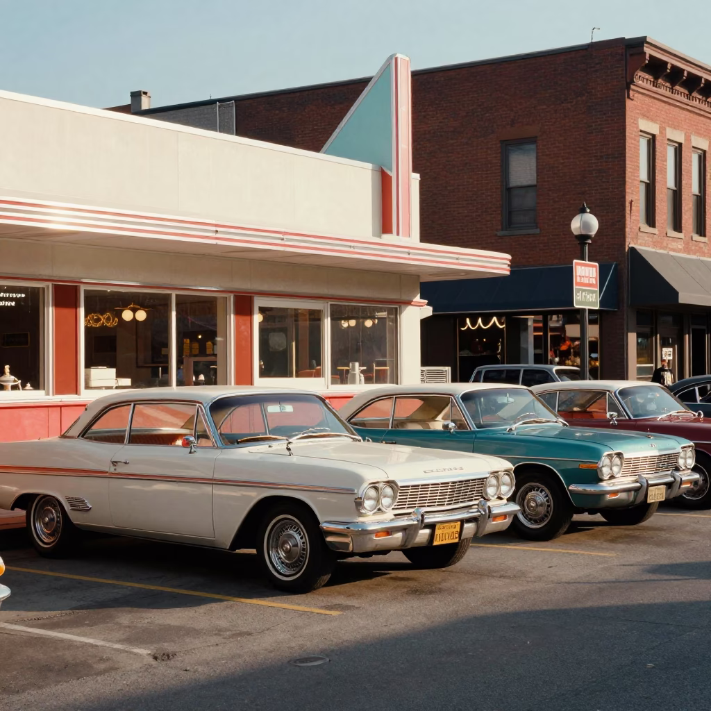 Vintage 1970s Nashville Tennessee Street Scene with Diners and Classic Cars in in Nashville, Tennessee, United States