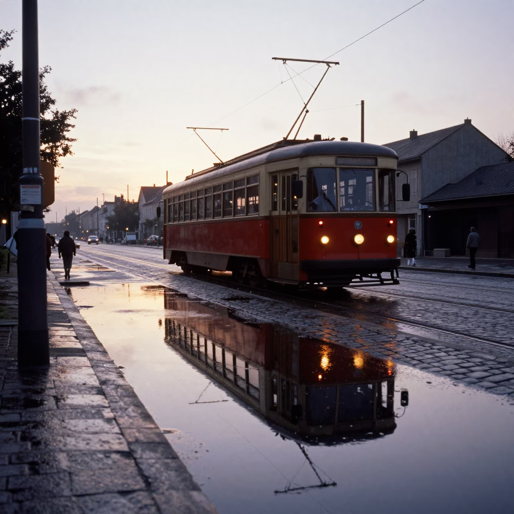 Vintage 1970s Nautical Dawn in Nice France with Tram Reflection and Fishing Boat in in Nice, France