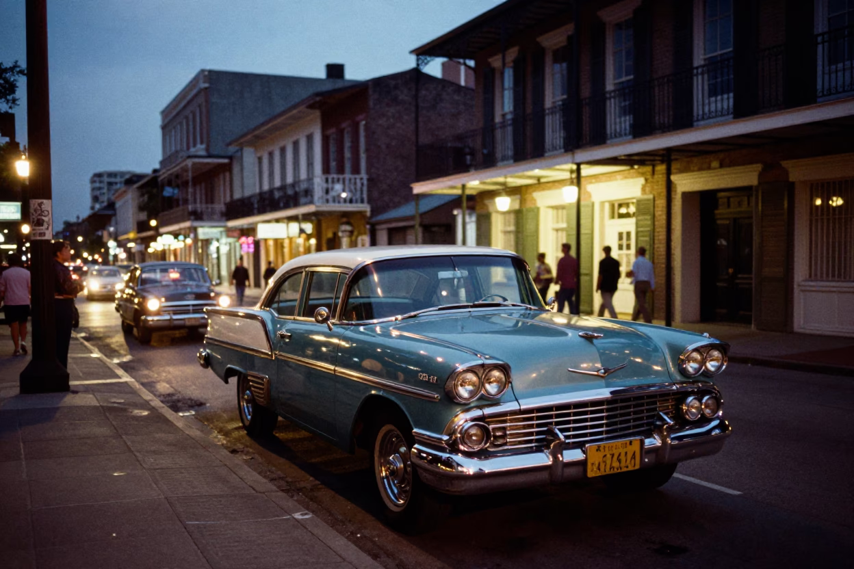 Vintage 1970s New Orleans Street Scene at Dusk with Classic Cars and Neon Lights in in New Orleans, Louisiana, United States