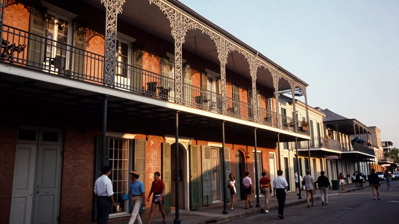 Vintage 1970s New Orleans Street Scene with Iron Balconies and Sunset Light in in New Orleans, Louisiana, United States