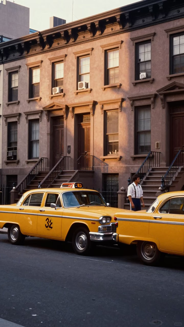 Vintage 1970s New York City Street Scene with Honeyed Evening Light and Classic Architecture in in New York, New York, United States