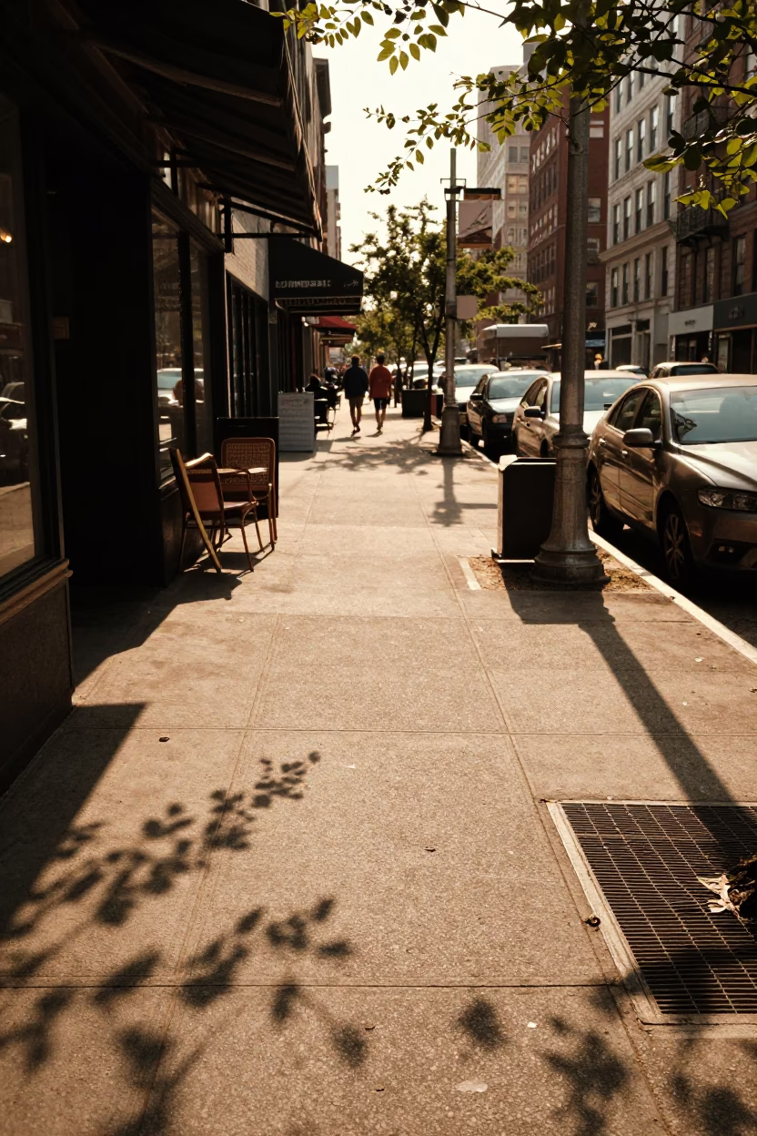 Vintage 1970s New York City street scene with leaf shadows and coffee tin in in New York, New York, United States