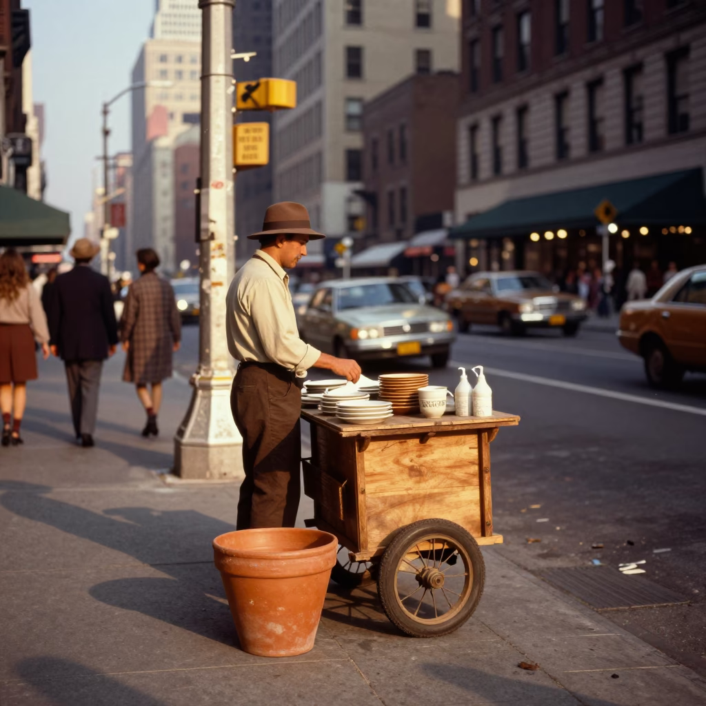 Vintage 1970s New York City Street Scene with Terracotta Pot and Model Ship in in New York, New York, United States