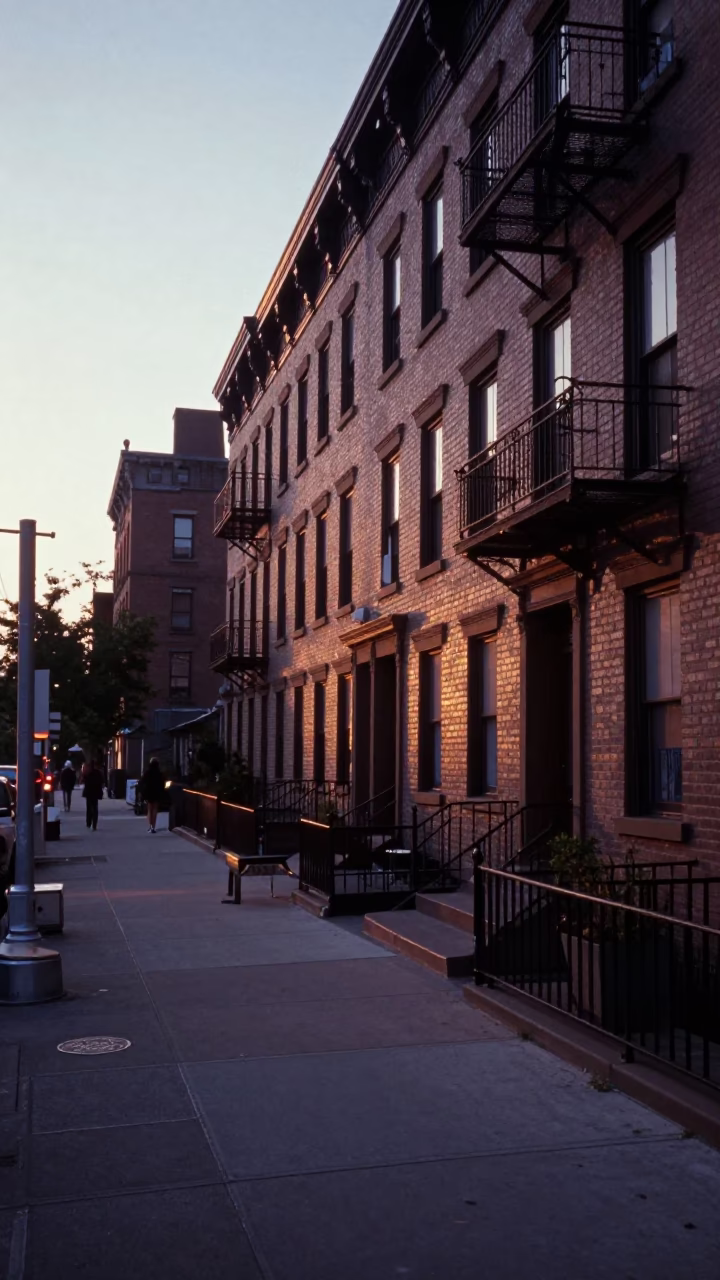Vintage 1970s New York Street Scene at Nautical Dawn with Urban Details in in New York, New York, United States