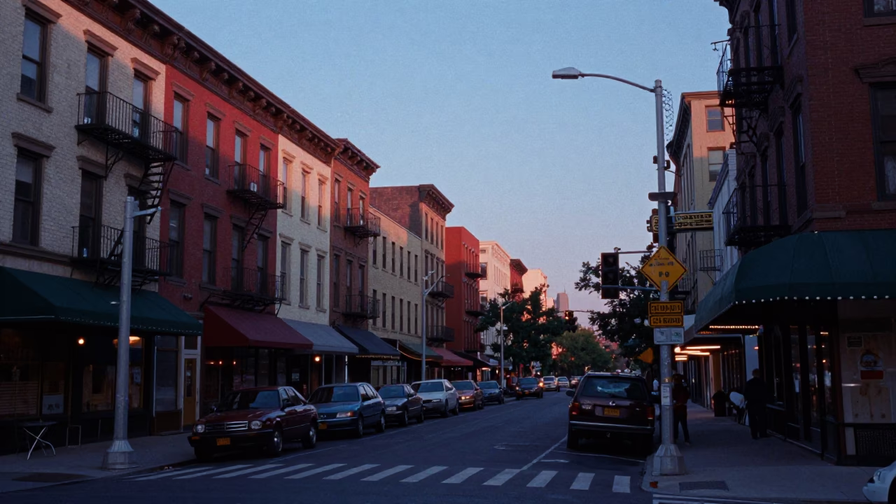 Vintage 1970s New York Street Scene Before Sunrise with Colorful Tulips and Local Life in in New York, New York, United States