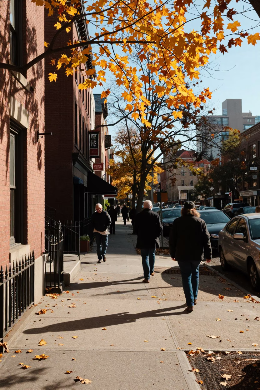 Vintage 1970s New York Street Scene with Autumn Maple Leaves and City Life in in New York, New York, United States