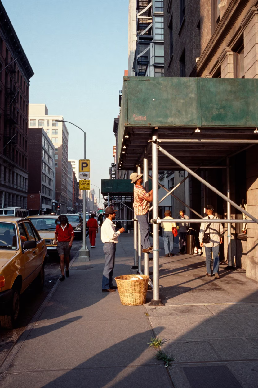 Vintage 1970s New York Street Scene with Basket and Scaffolding in in New York, New York, United States