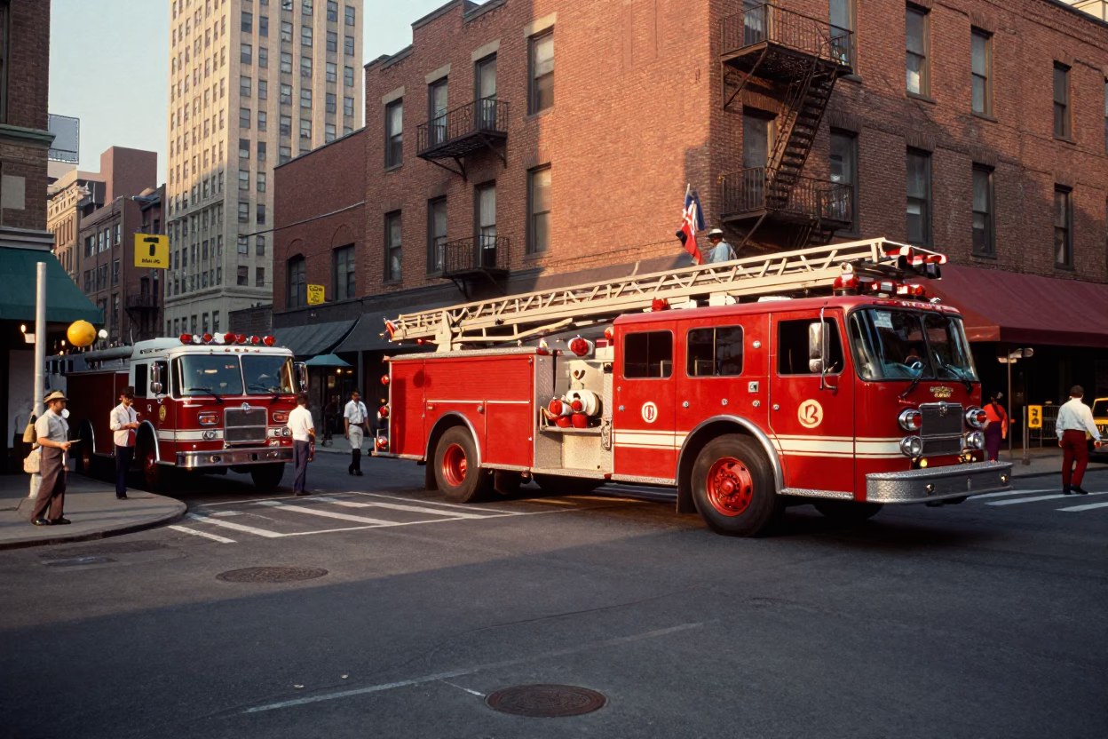 Vintage 1970s New York Street Scene with Fire Engine and Urban Details in in New York, New York, United States