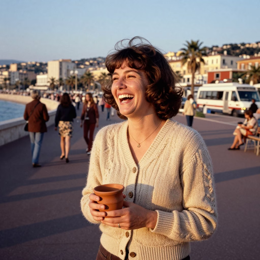 Vintage 1970s Nice France Evening Street Scene with Cardigans and Terracotta Bowl in in Nice, France