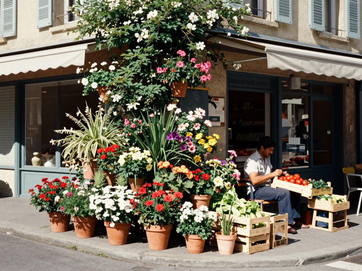 Vintage 1970s Nice Street Scene with Flowering Plants and Local Commerce in in Nice, France