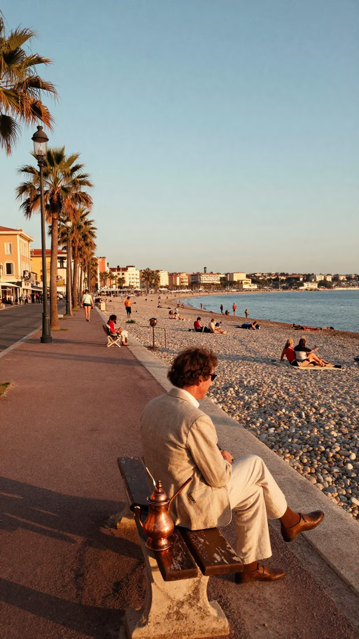 Vintage 1970s Nice Sunset Street Scene with Copper Cezve and Local Life in in Nice, France