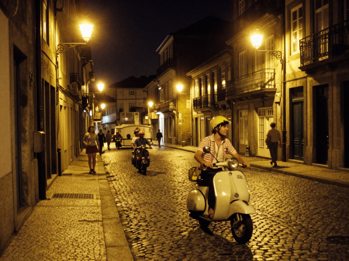Vintage 1970s Night Scene in Porto Portugal with Scooter and Fruit Crate in in Porto, Portugal