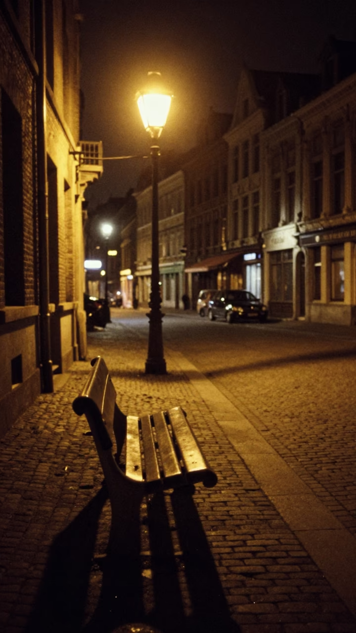 Vintage 1970s Nighttime Street Scene in Brussels Belgium with Park Bench and Local Interaction in in Brussels, Belgium
