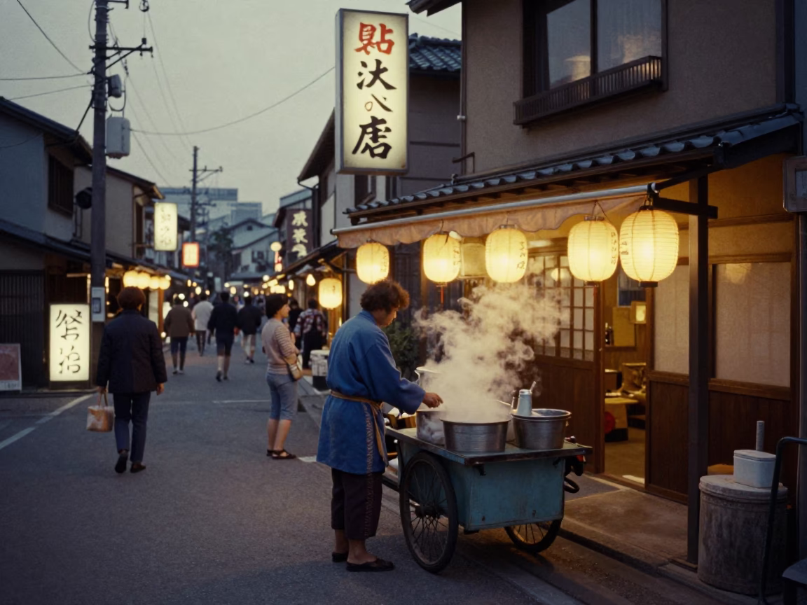 Vintage 1970s Osaka Street Scene Before Dawn with Local Vendor and Traditional Elements in in Osaka, Japan