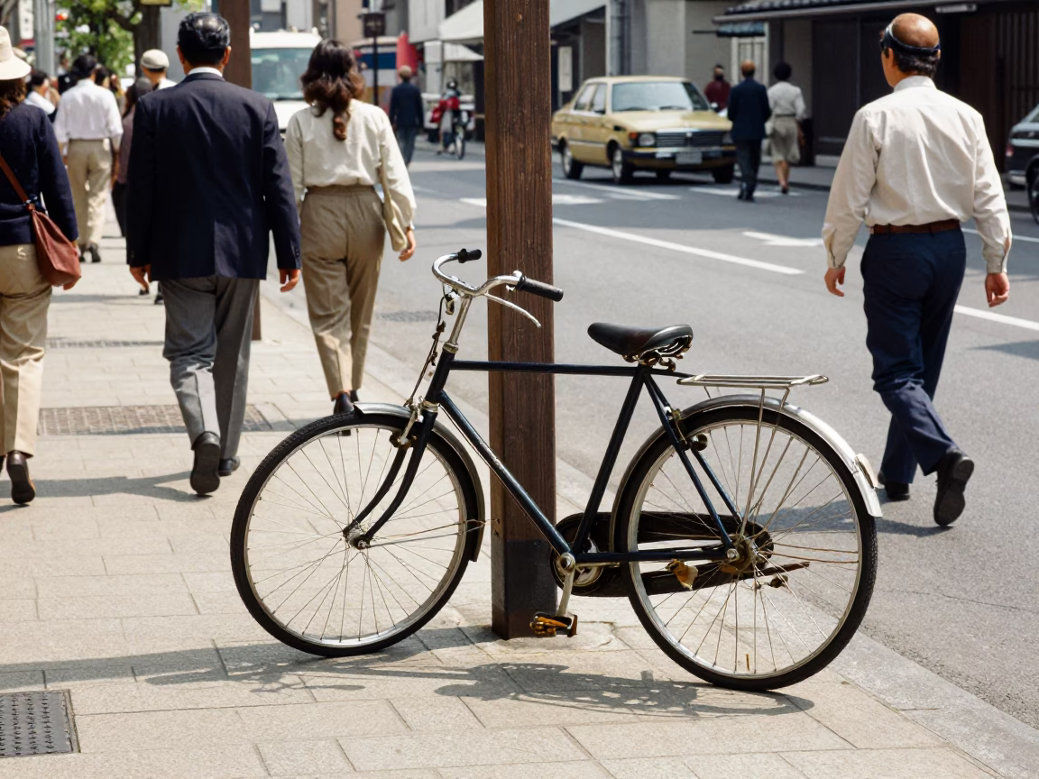 Vintage 1970s Osaka Street Scene with Bicycle and Urban Life in in Osaka, Japan